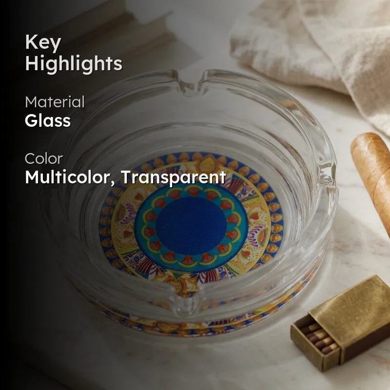 Glass ashtray with mandala design and highlight text overlay