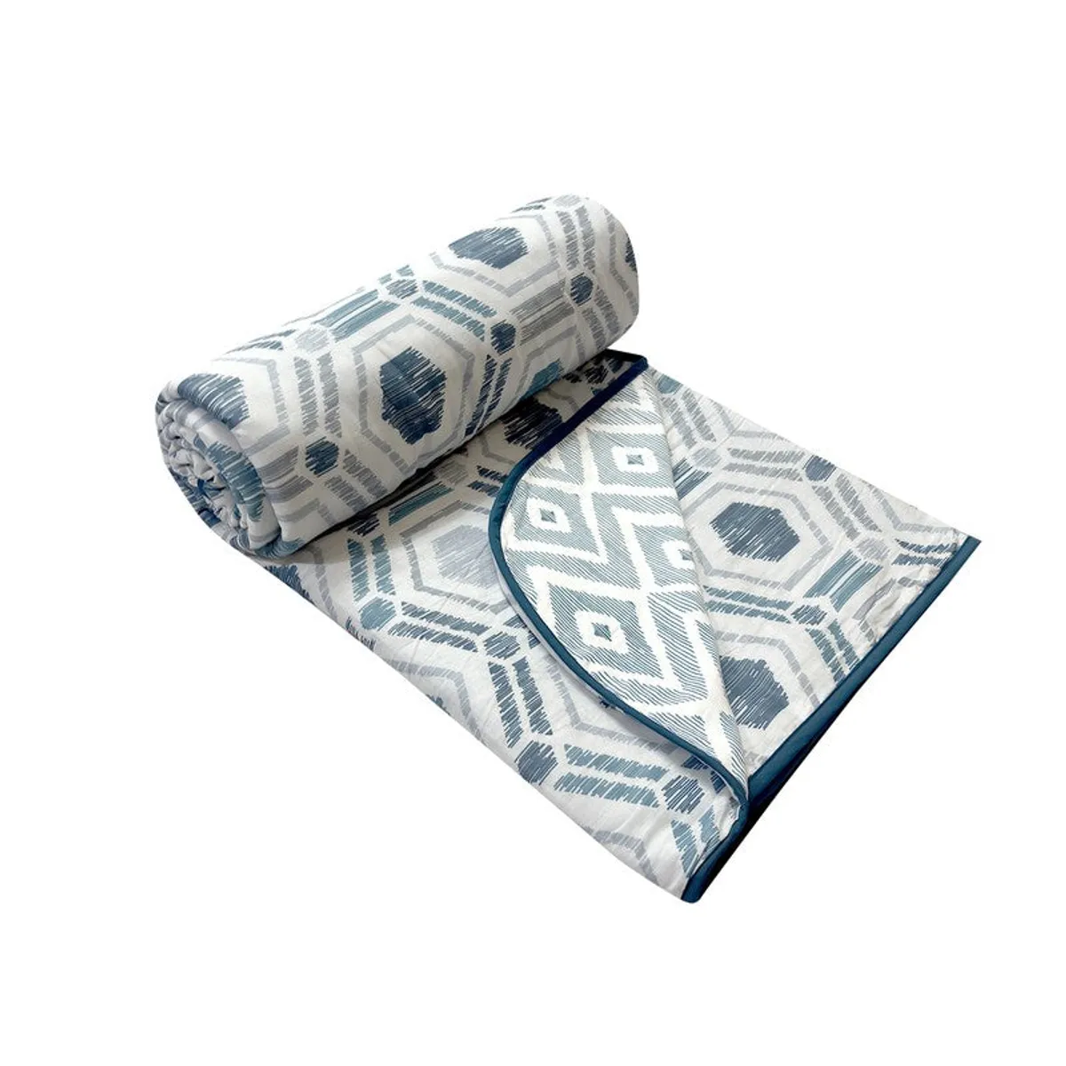 Rolled reversible geometric dohar in blue and off-white