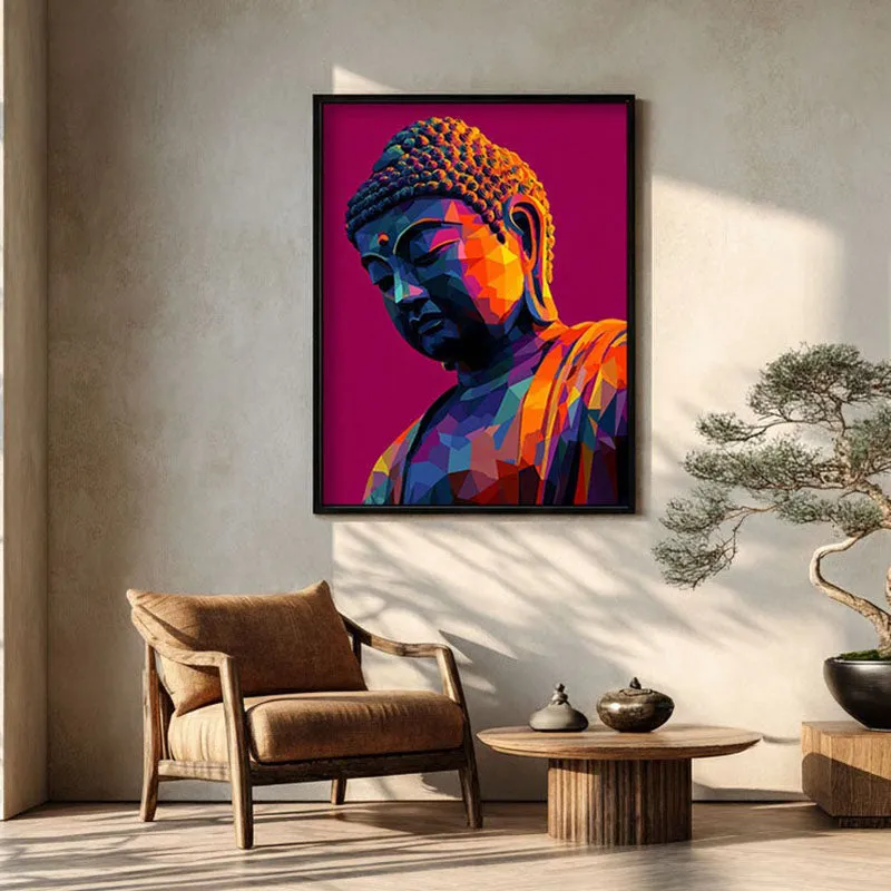 Prismatic Peace Buddha Archival Paper Wall Painting With Black Frame media 1