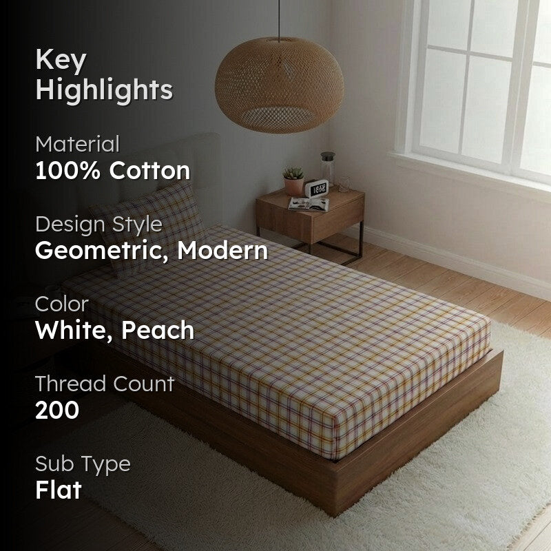 Mizomeen Checkered Printed Cotton Bedsheet (Peach) - 200 TC media 2