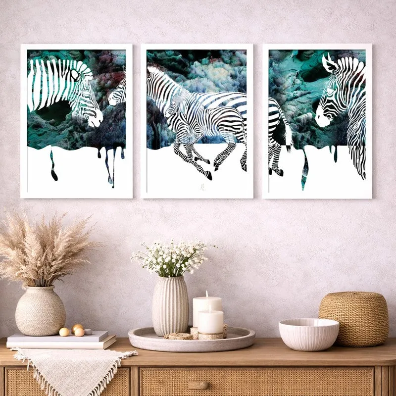 StripeWild Paper Wall Painting With MDF Frame (White) - Set Of Three media 1