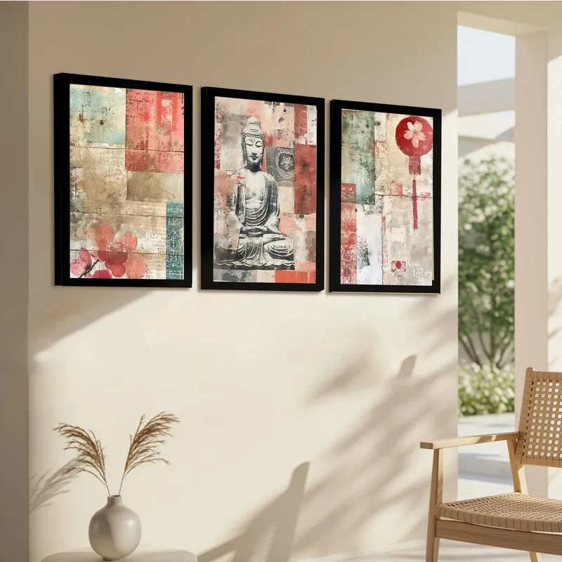 Gautam Buddha Floral Paper Wall Painting With Frame - Set Of Three media 7