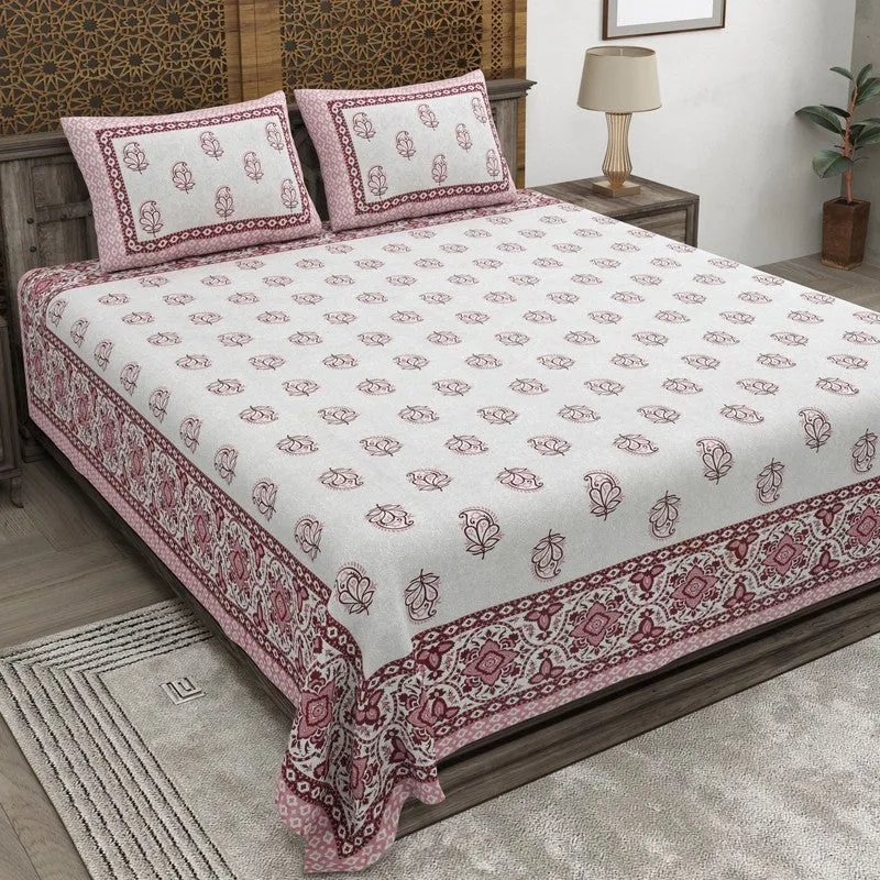 Bloomly Cotton Bedsheet (Off White,Maroon) - 240 TC media 1
