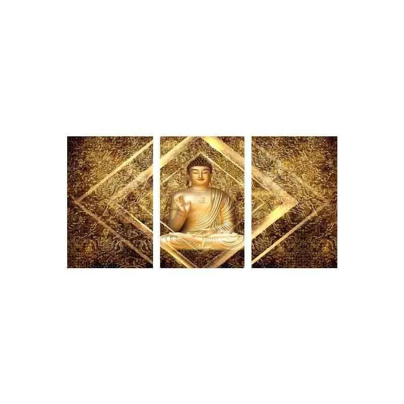 Front view of a three-piece gold Buddha canvas wall art set on a white background.