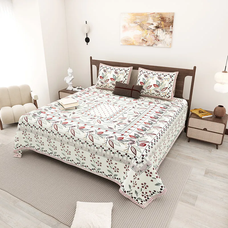Aniditha Ethnic Cotton Bedsheet (Red,Ivory) - 160 TC media 1