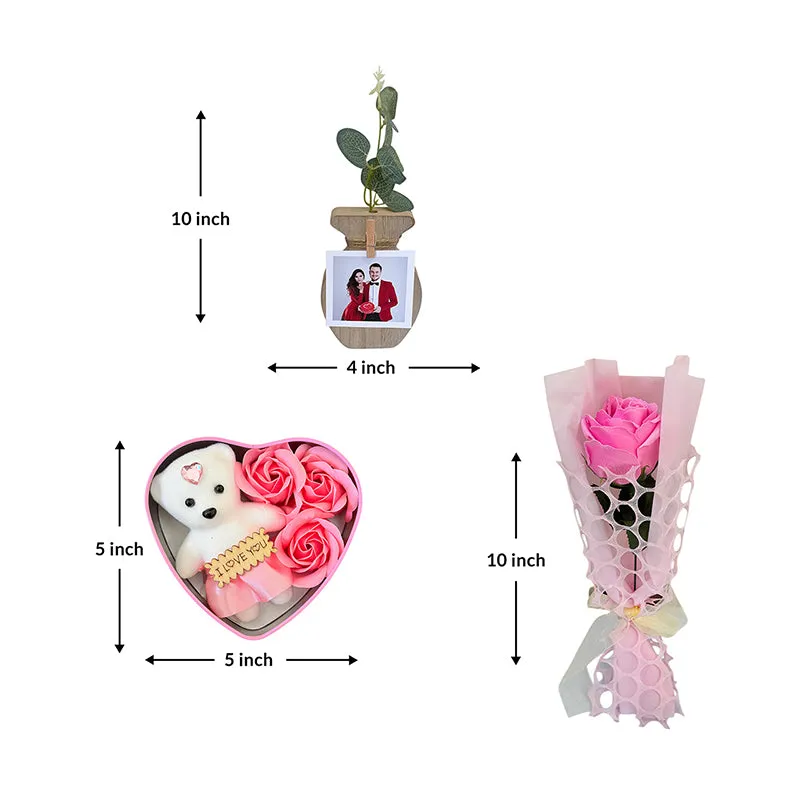 Pink rose, heart-shaped teddy box and photo vase shown with size arrows