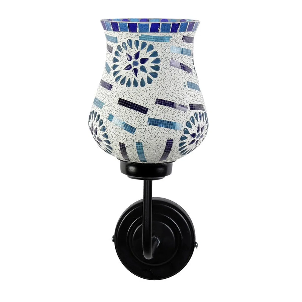Front view of mosaic glass wall lamp with black iron base