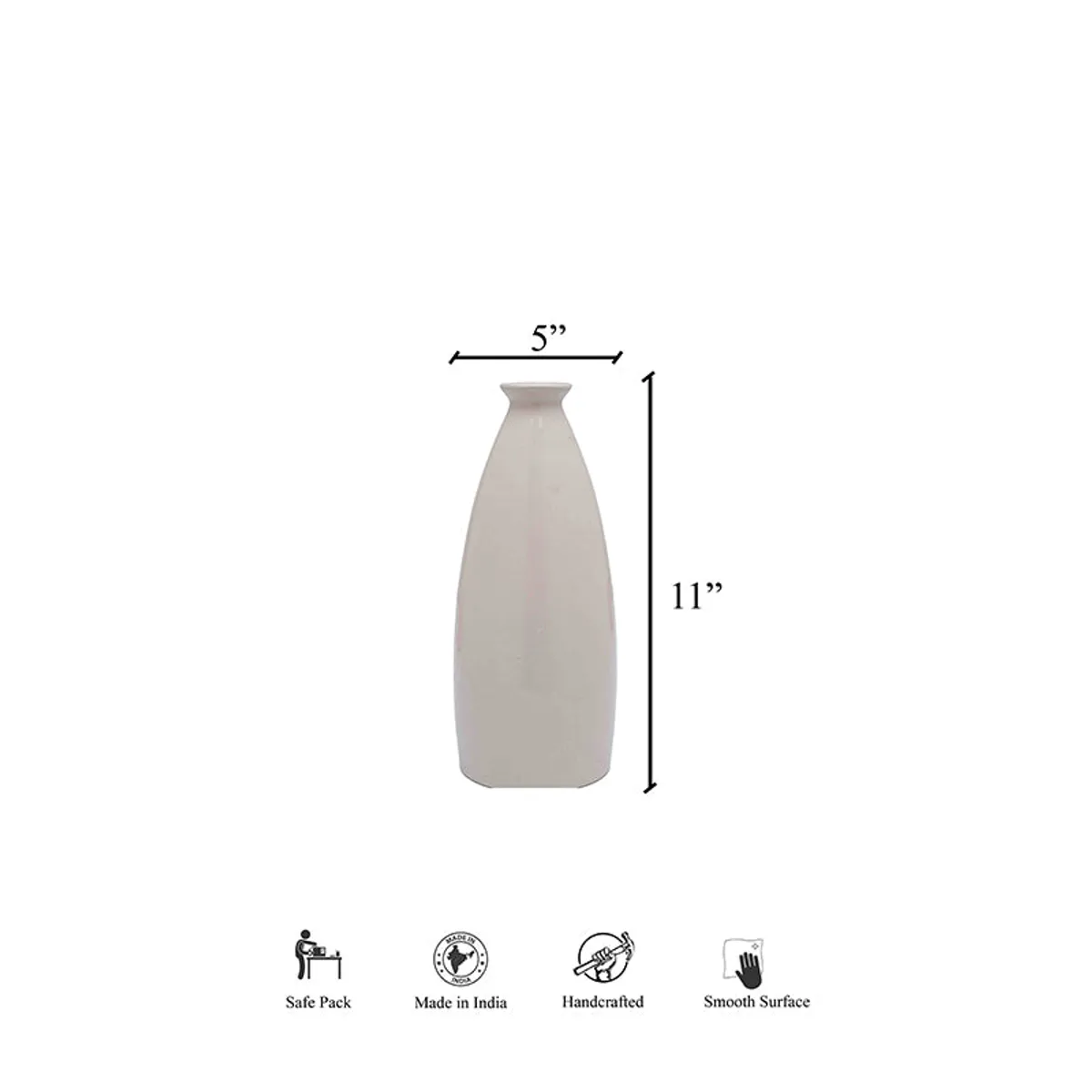 White vase on a plain background with measurement graphic and feature icons