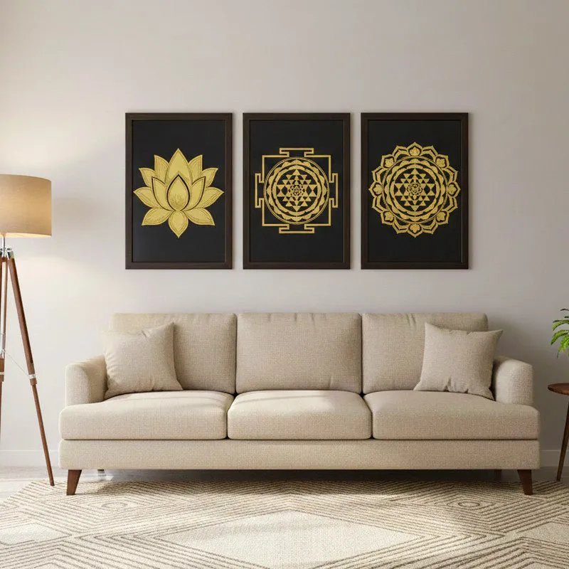 Sacred Geometry & Lotus Wall Painting With Frame - Set Of Three media 1