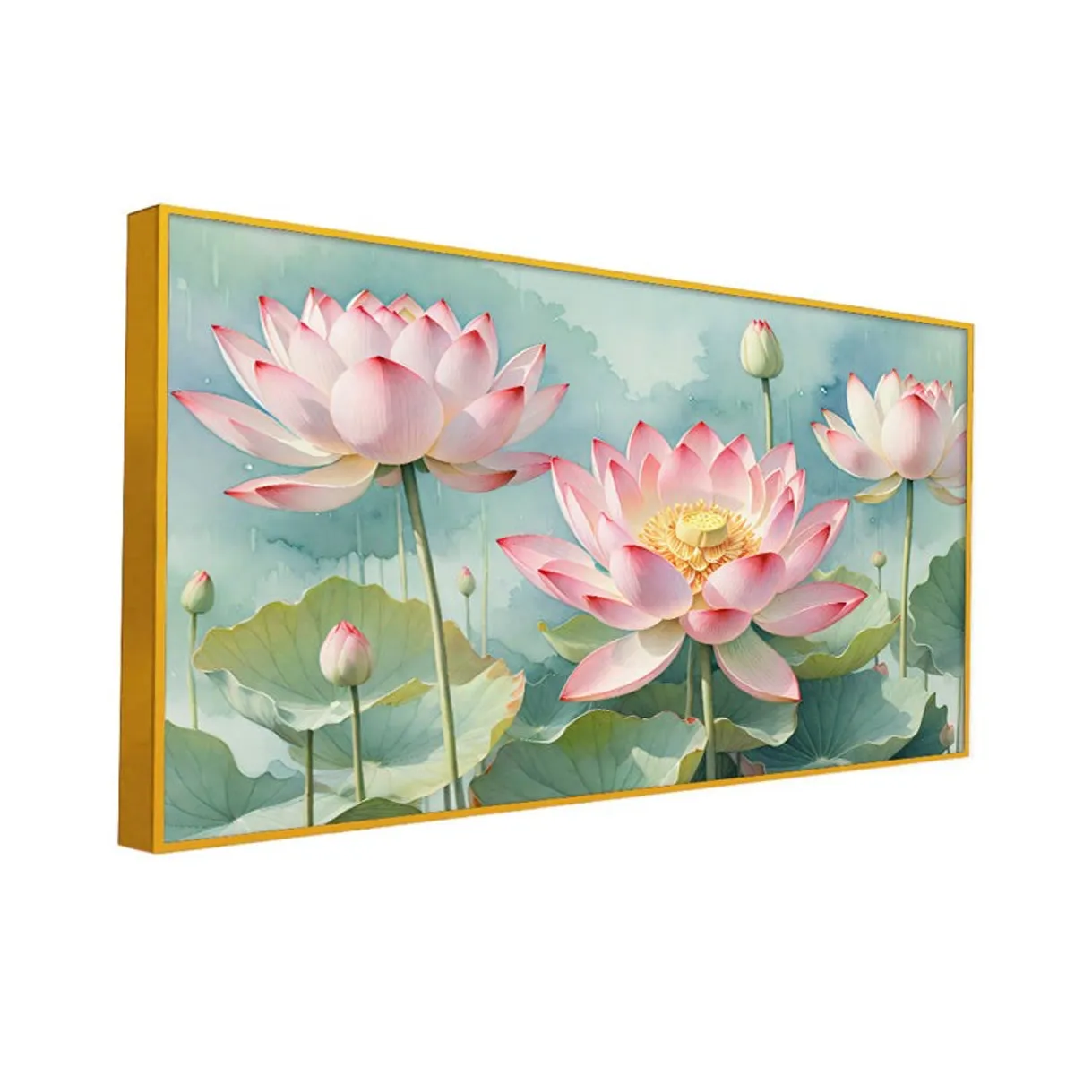 Angled view of gold-framed lotus floral canvas wall painting