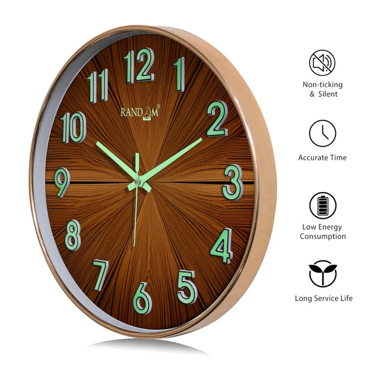 Angled view of the round brown wall clock with luminous hands