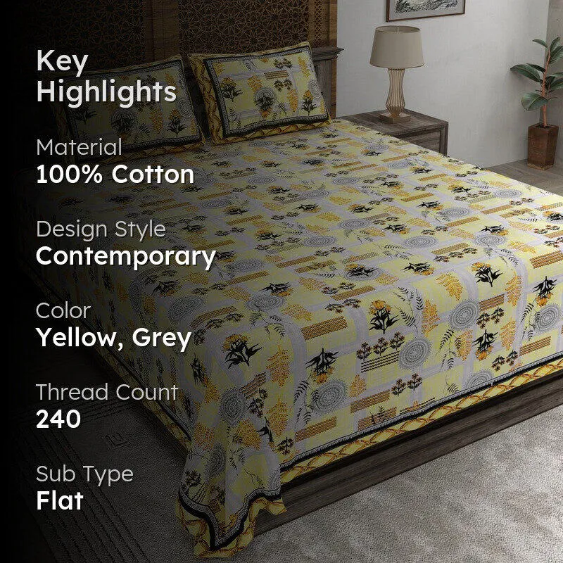 Formy Cotton Bedsheet (Yellow,Grey) - 240 TC media 2
