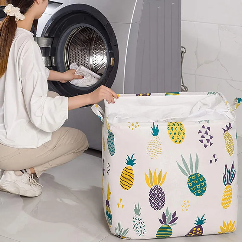 Laundry basket with colourful pineapple print beside a washing machine