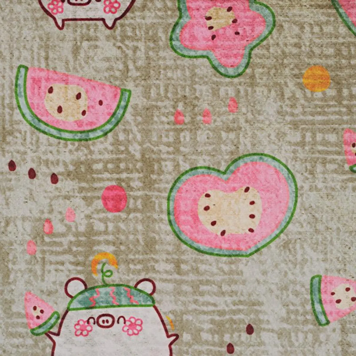 Close-up of beige carpet with pink and green playful printed motifs