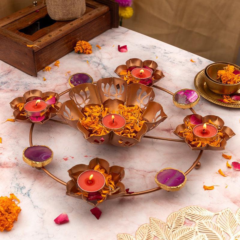 Crystal Lotus Metal & Agate Tea Ligh Holder - Pink