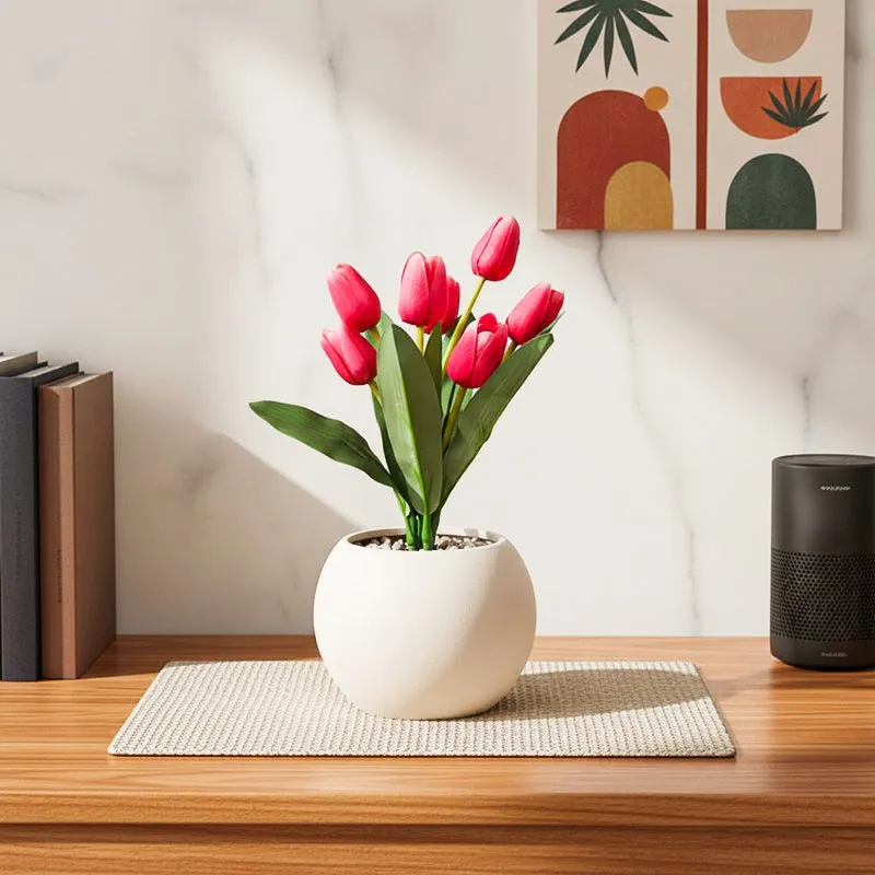 Artificial Tulip Flower Plant With Black Plastic Pot - Dark Pink media 6