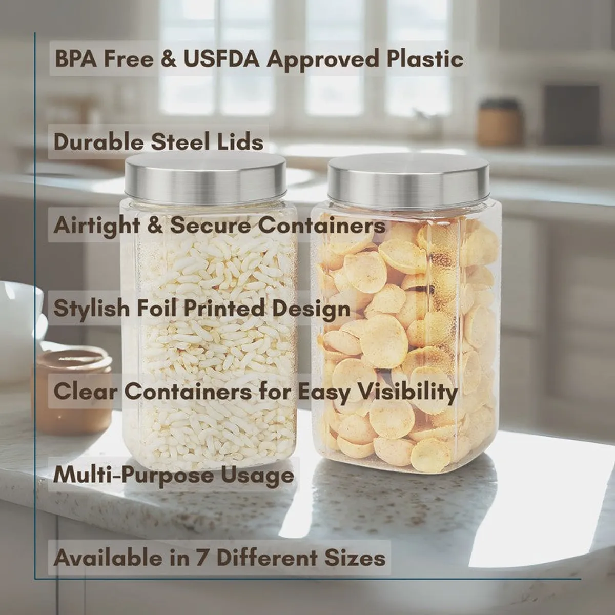 Two clear food storage containers with silver lids displayed in a kitchen