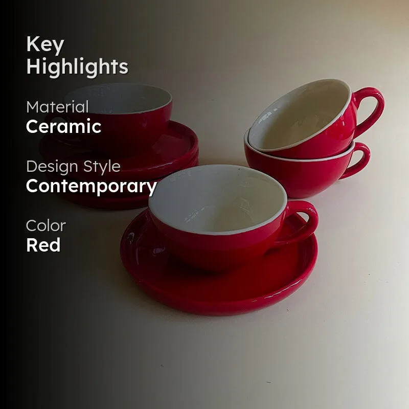 Blush & Brew Ceramic Cup & Saucer (Red/320 mL Each) - Set of Four media 2