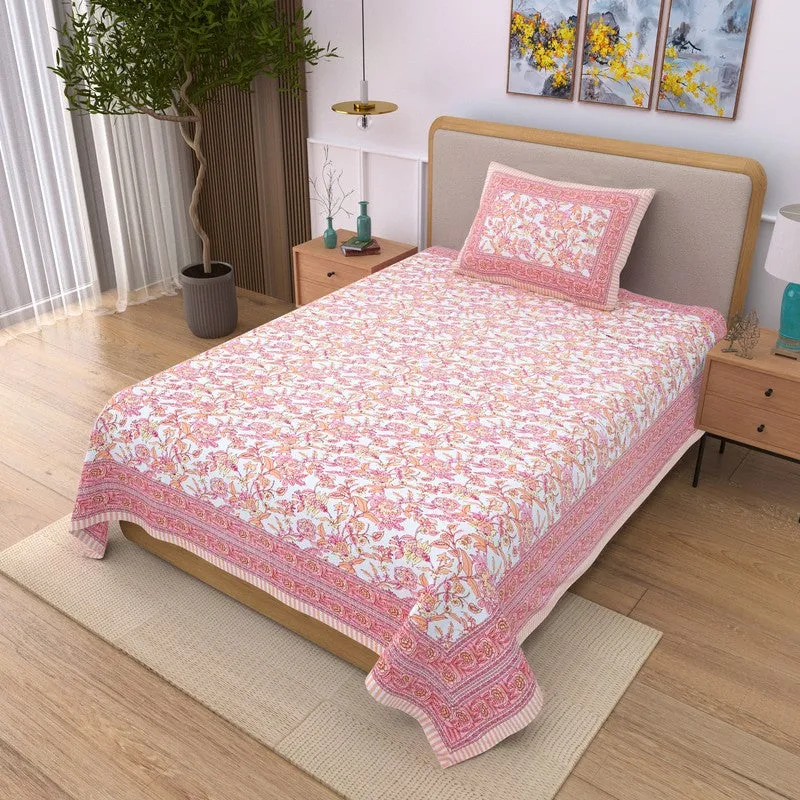 Silkena Floral Cotton Bedsheet (Orange & White) - 240 TC media 3