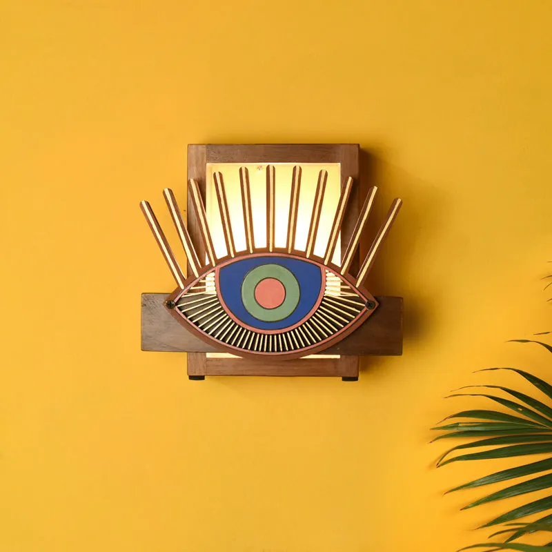 Handcrafted Evil Eye Wooden Wall Lamp media 1