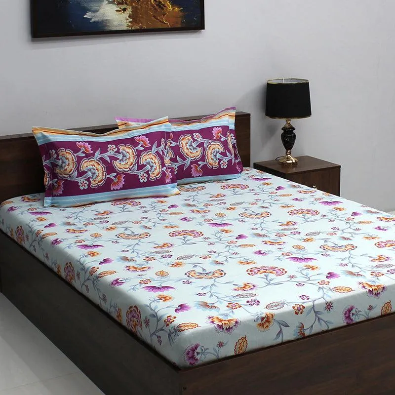 Siya Floral Cotton Bedsheet (Violet,Light Blue) - 110 TC media 3