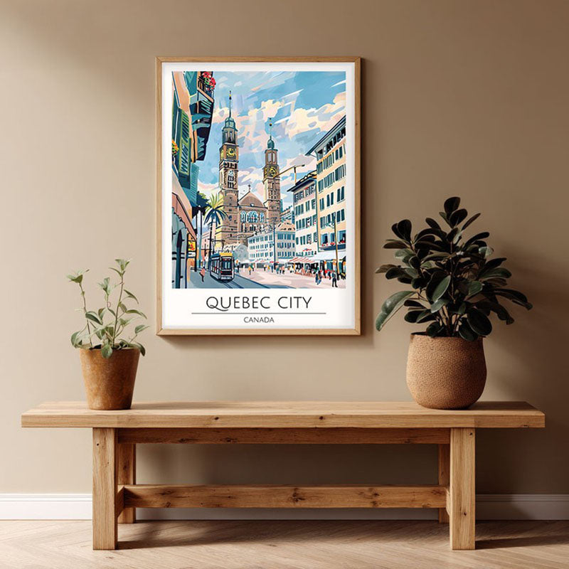 Vintage Quebec City Framed Canvas Archival Canvas Wall Painting - Natural Brown Frame