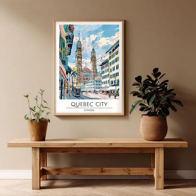 Vintage Quebec City Framed Canvas Archival Canvas Wall Painting - Natural Brown Frame media 1