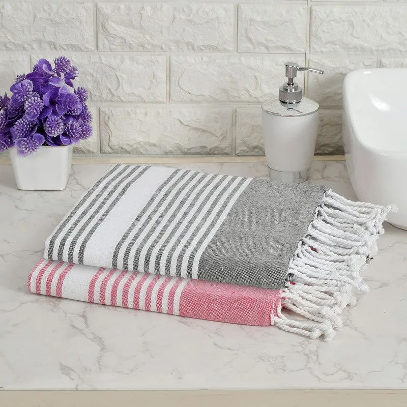 Loomera Striped Cotton Bath Towels (Pink & Grey) - Set Of Two media 1