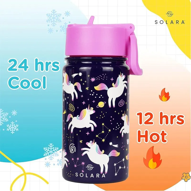 Purple bottle with pink lid shown in a hot and cold retention promotional graphic