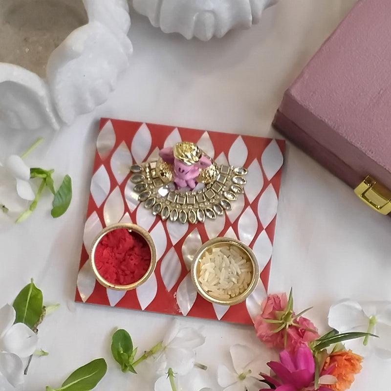 Ganpathi Festive Mother Of Pearl Pooja Thali Gift Box - Red media 4