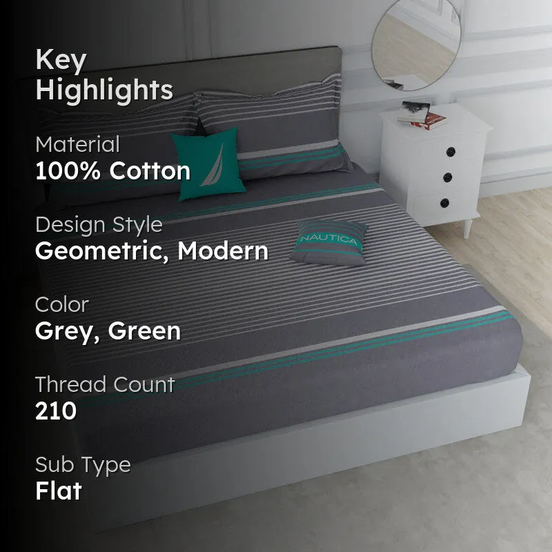 Grey striped bedsheet with text overlay highlighting cotton material and 210 thread count