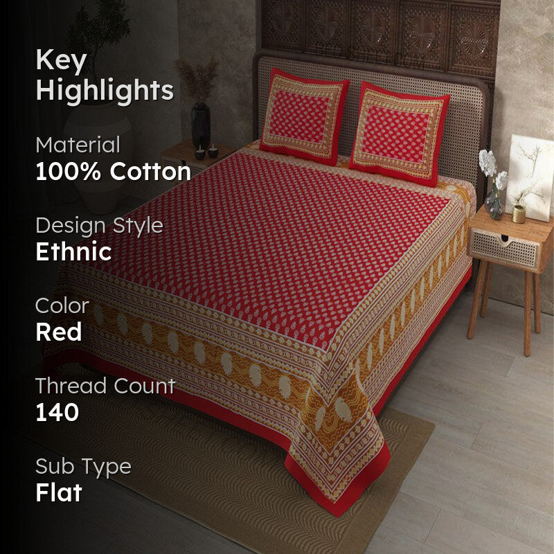 Chann Ethnic Cotton Bedsheet (Red) - 140 TC media 2