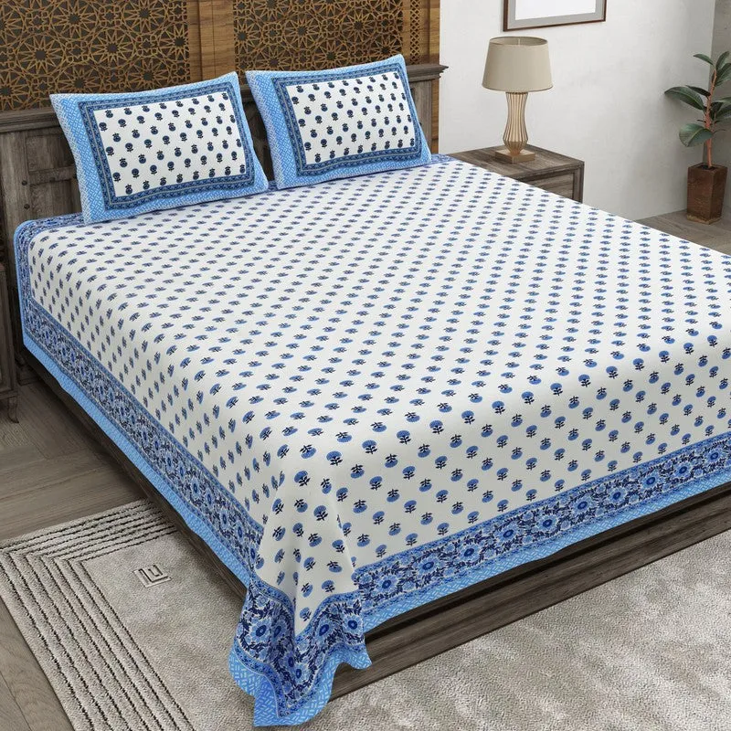 Bloomel Cotton Bedsheet (Blue,White) - 240 TC media 1