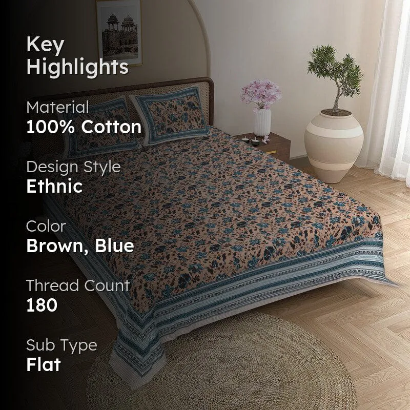 Vishala Ethnic Cotton Bedsheet (Brown,Blue) - 180 TC media 2