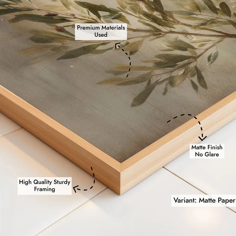 Soft Olive Grace Archival Paper Wall Painting With Brown Frame media 6