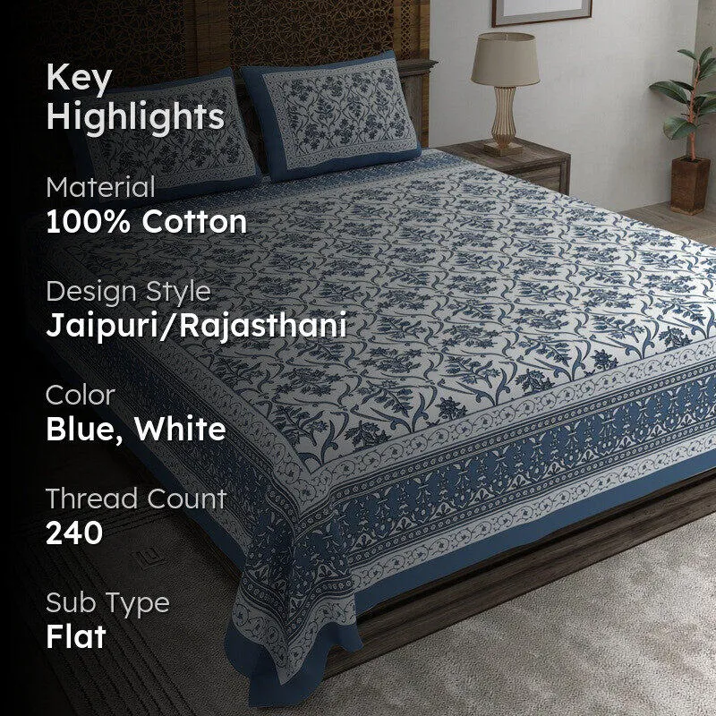 Artio Cotton Bedsheet (Blue,White) - 240 TC media 2