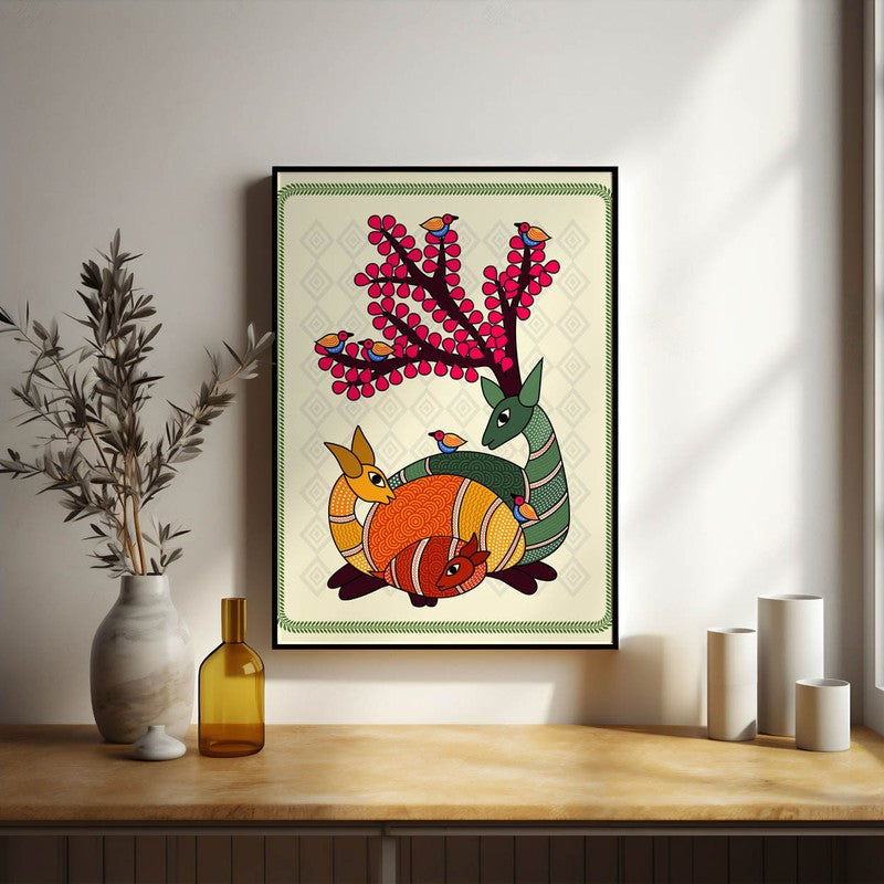Deer In Color Framed Madhubhani Canvas Wall Painting media 5