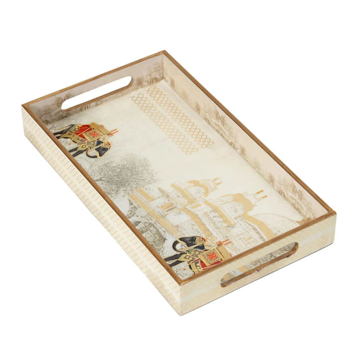 Single ivory rectangular serving tray with elephant and architectural motifs