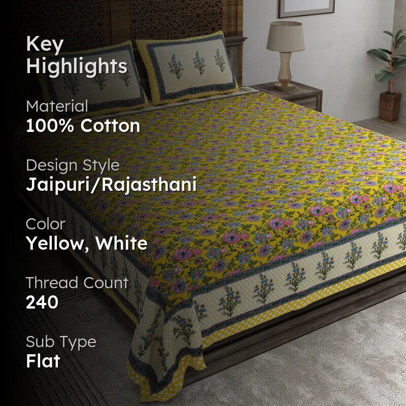 Bloomus Cotton Bedsheet (Yellow,White) - 240 TC media 2
