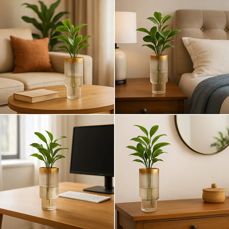 Collage of the ribbed glass vase styled on coffee table, bedside, desk and console