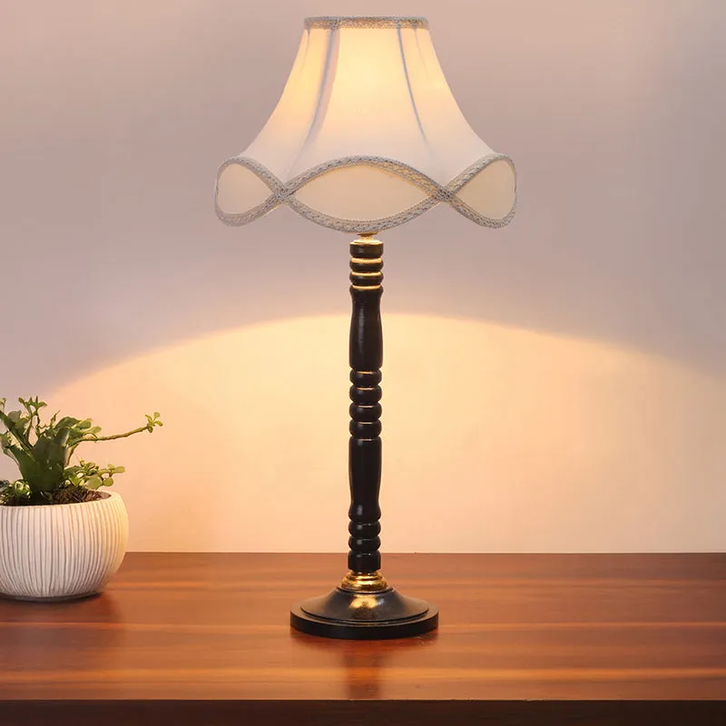 Misty Glow Table Lamp With Carved Wooden Base - Ivory,Black media 1