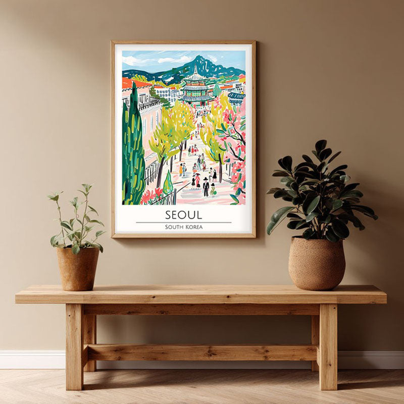 Vintage Seoul Framed Canvas Archival Canvas Wall Painting - Natural Brown Frame