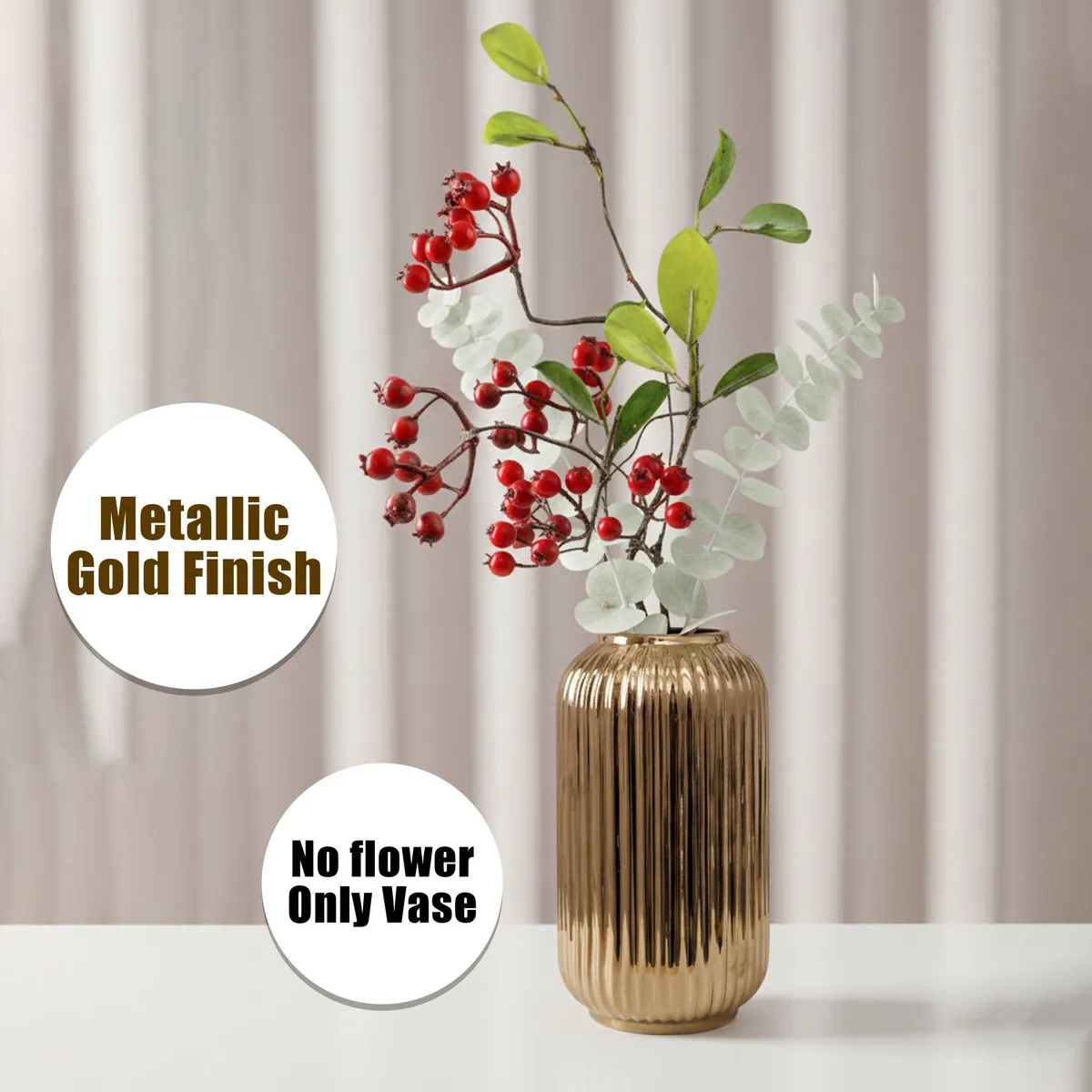 Opulent Ribbed Ceramic Vase - Gold media 8