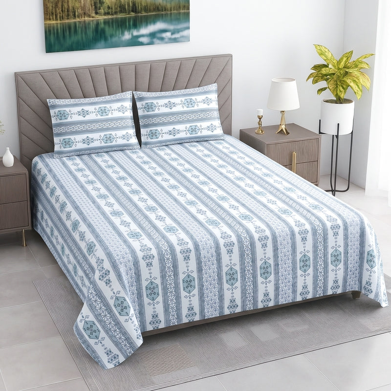 Soft Line Printed Cotton Bedsheet (Blue) - 400 TC - King