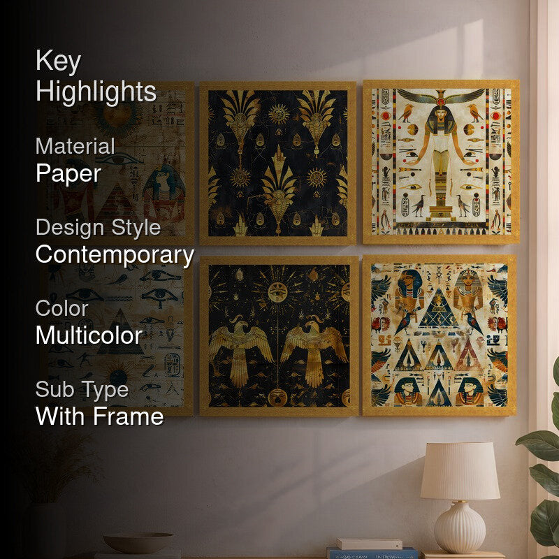 Egyptian Noir Paper Wall Painting With Frame - Set Of Six media 2