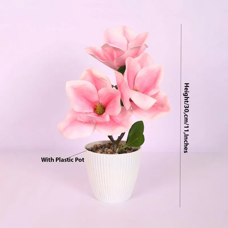 Magnolia Artificial Flower Plant With Black Plastic Pot - Pink media 5
