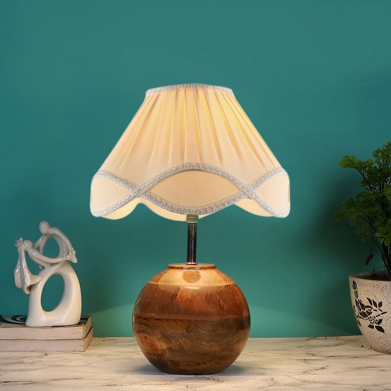 Flamoryn Cotton Table Lamp With Wooden Base - Ivory