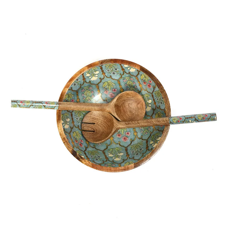 Fleur Jharokha Enamel Coated Mango Wood Salad Bowl With Cutlery (900 mL) - Three Piece Set media 5