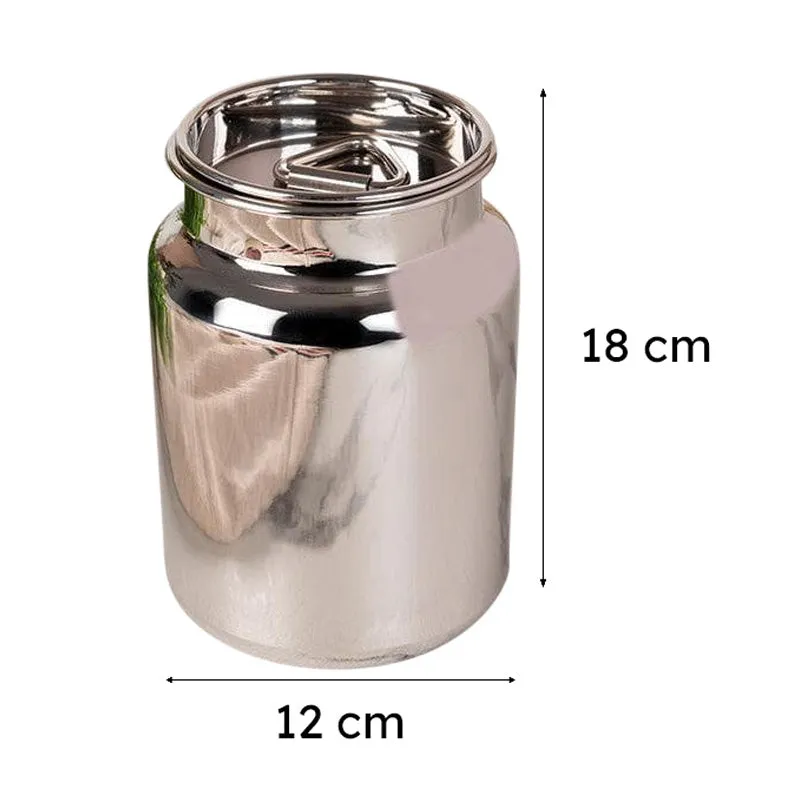 Silver storage container shown with visible height and width measurements