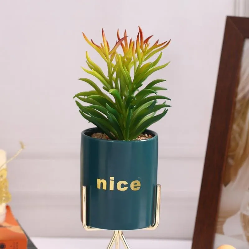 Faux Euphorbia In Blue Pot With Tripod - 28.5 cms media 3